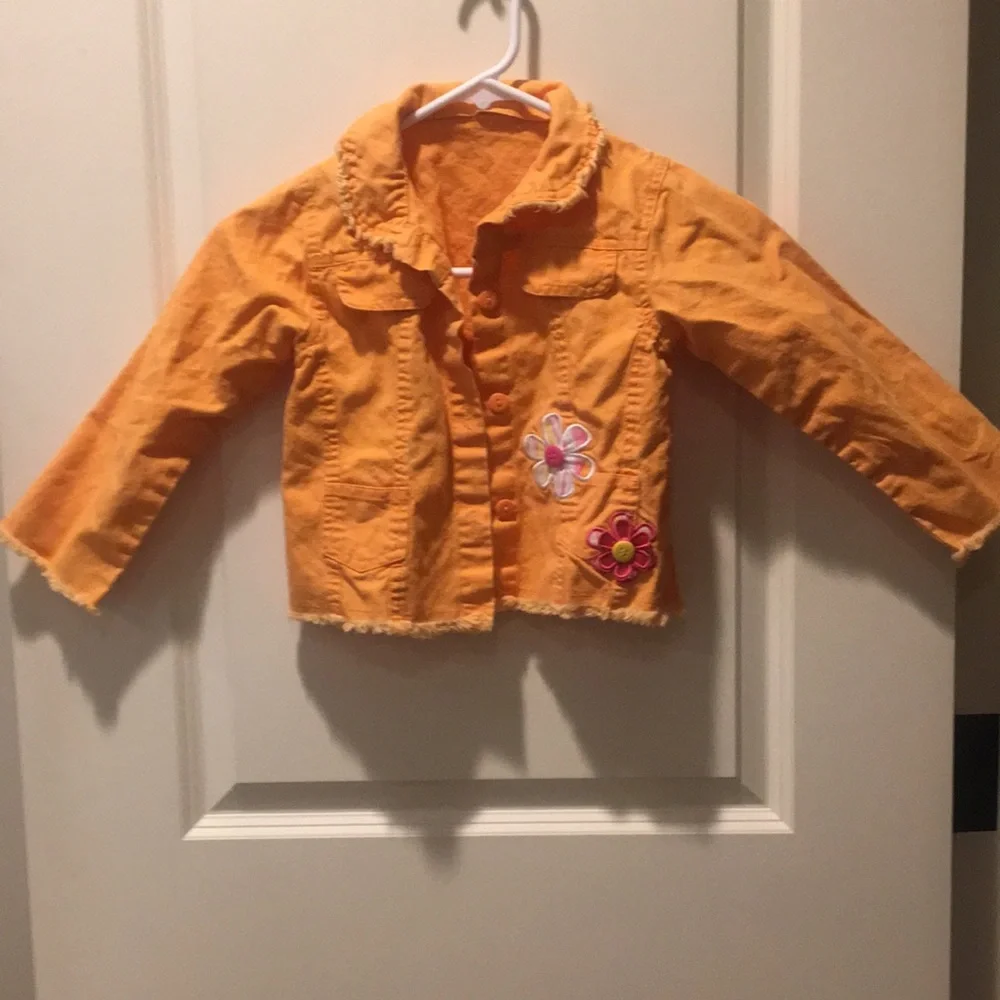 Orange embellished girls flower Jean jacket embroider raw hem no tag see below